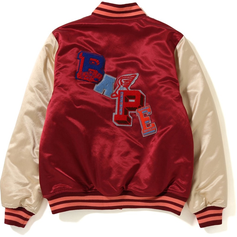 BAPE Multi Emblem Satin Varsity Jacket Burgundy