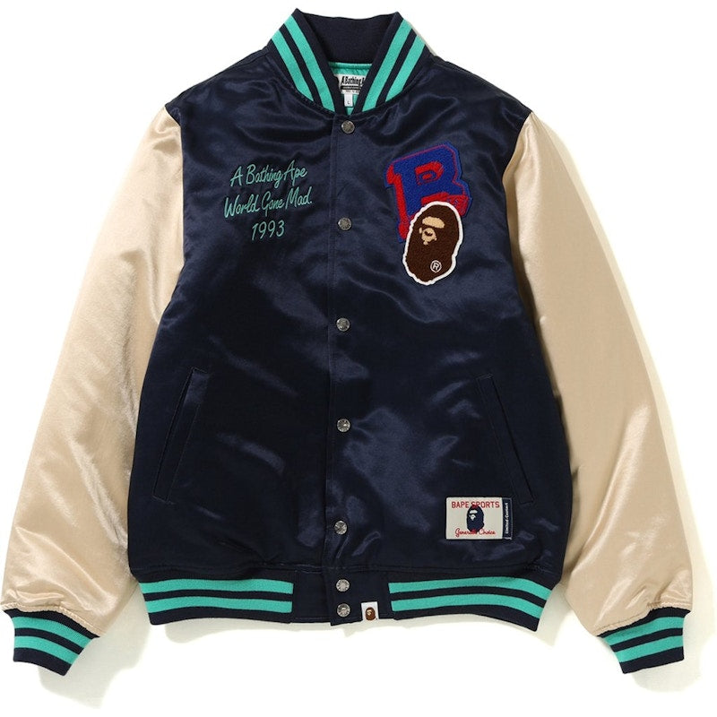 BAPE Multi Emblem Satin Varsity Jacket Navy