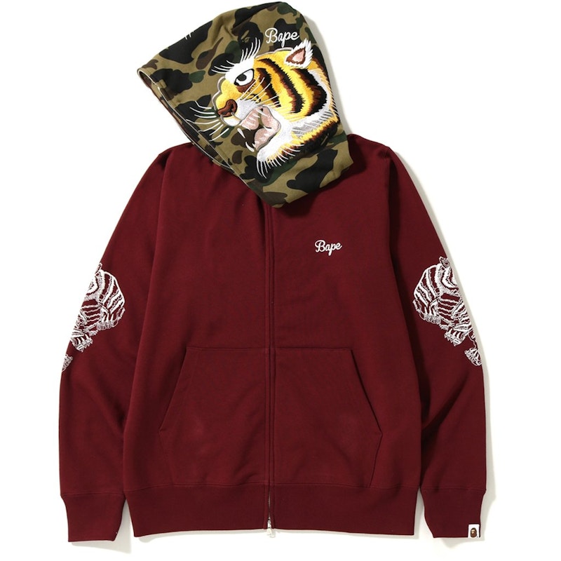 BAPE Tiger Embroidery Full Zip Hoodie Burgundy