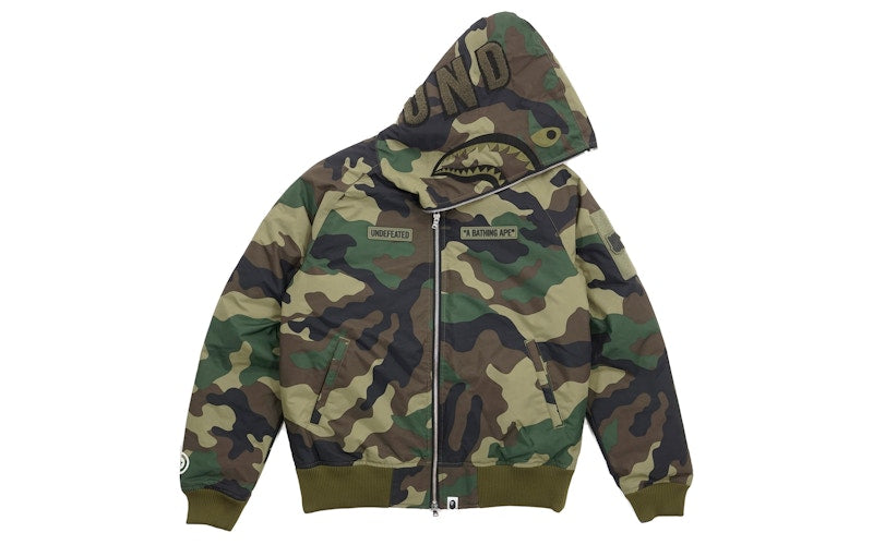 BAPE Undefeated Woodland Camo Shark Down Jacket Green