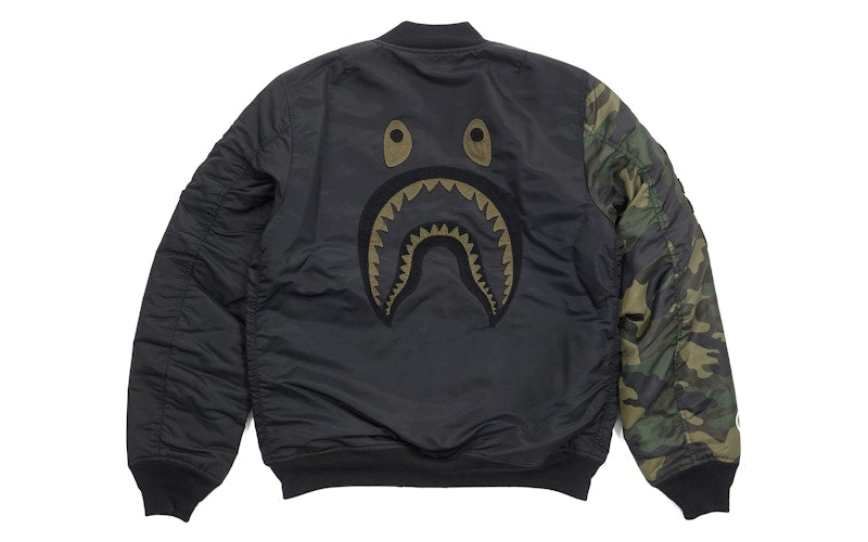 BAPE Undefeated Woodland Camo Sleeve Capsule Shark MA1 Bomber Flight Jacket Black/Green