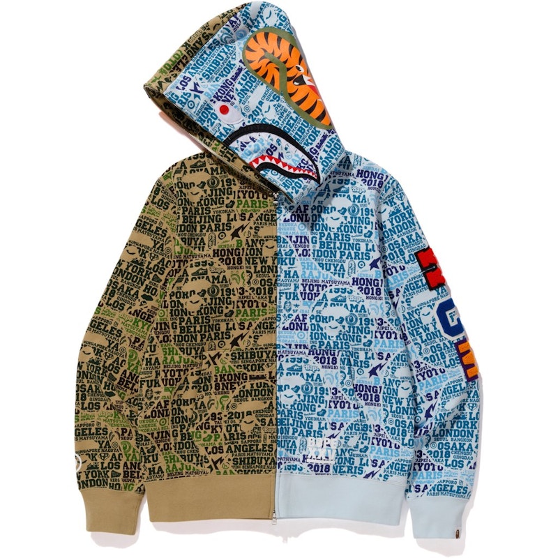 BAPE XXV Cities Camo Tiger Shark Half Full Zip Hoodie Green/Blue