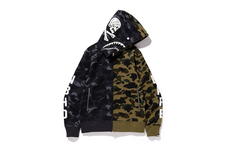 BAPE x Neighborhood Split Camo Shark Full Zip Hoodie Black/Green