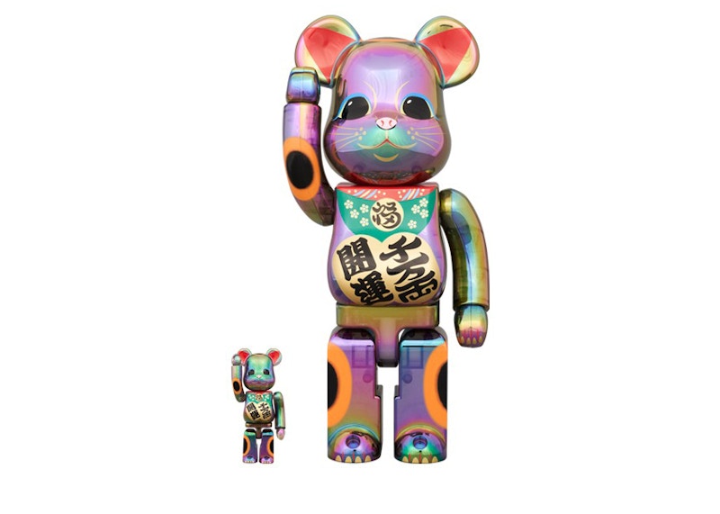 Bearbrick Maneki Neko Good Luck Senman Ryo 100% & 400% Set Black Transparent