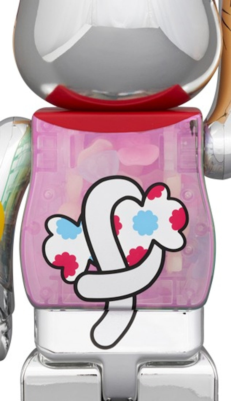 Bearbrick Maneki Neko Peko-Chan Silver Plated Glow In The Dark Milky 100% & 400% Set