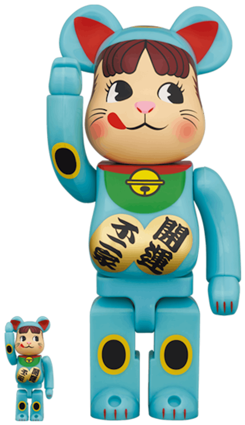 Bearbrick Maneki Neko Peko-chan Blue Liminous 100% & 400% Set
