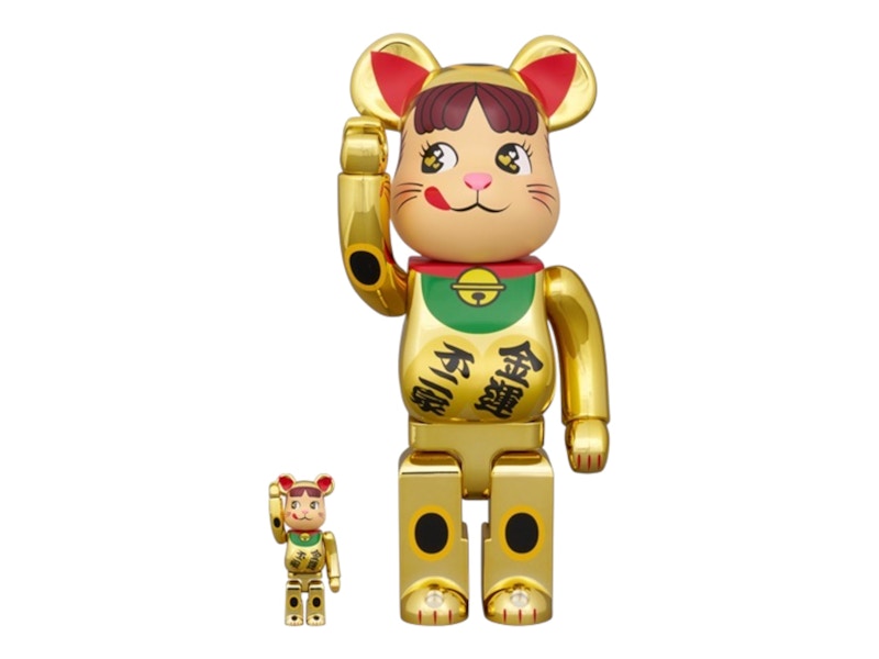 Bearbrick Milky Maneki Neko Peko-chan Money Luck Double Oval 100% & 400% Set Gold Plated