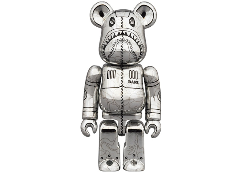 Bearbrick x BAPE x Hajime Sorayama Camo Shark 100% & 400% Set Silver