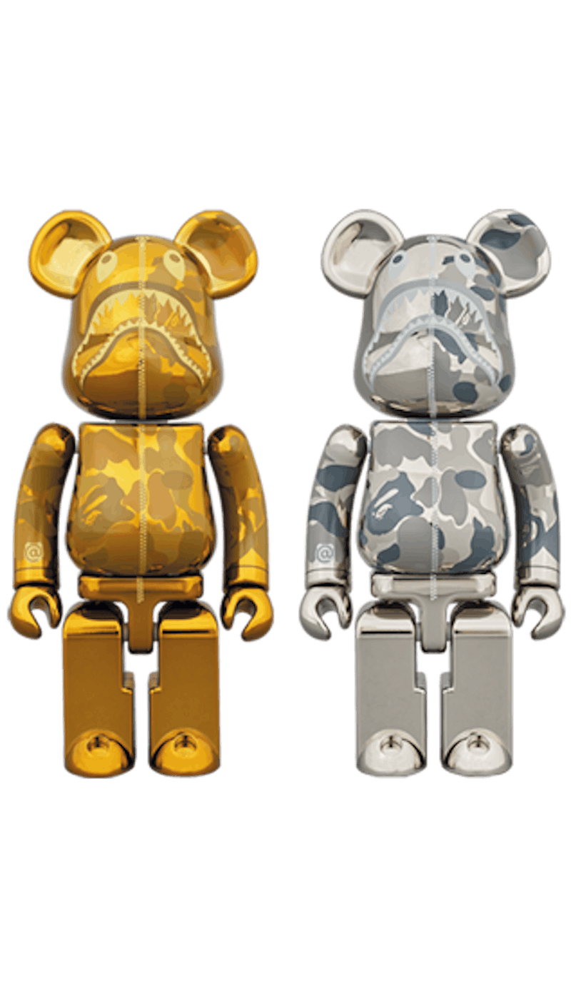 Bearbrick x BAPE Superalloy Camo Shark 200% Set Gold/Silver