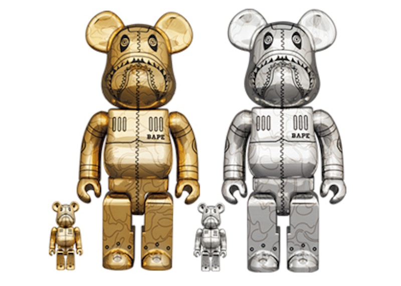 Bearbrick x BAPE x Hajime Sorayama Camo Shark 100% & 400% 4-Pc Set Gold & Silver