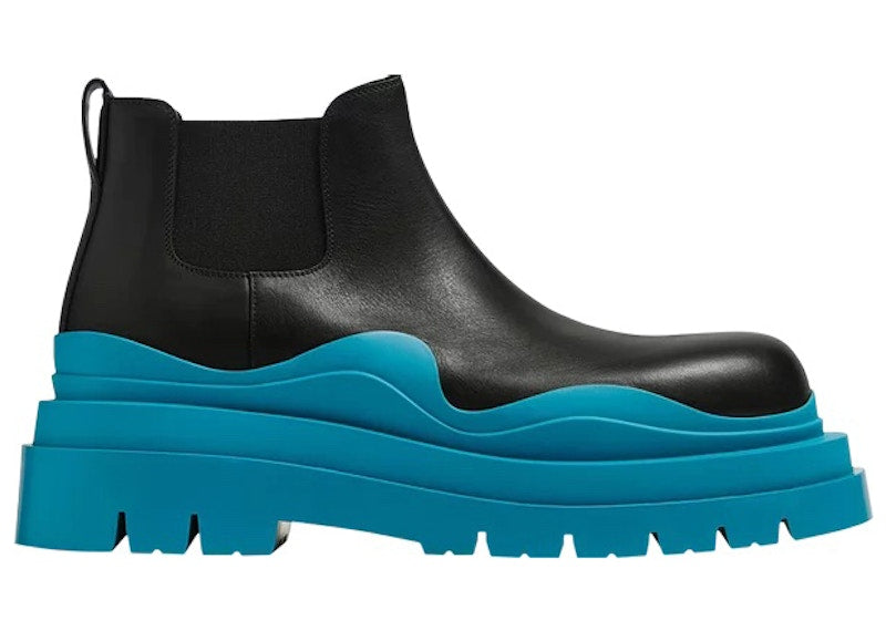 Bottega Veneta Leather Tire Chunky-Sole Ankle Chelsea Boot Black Amalfi Blue