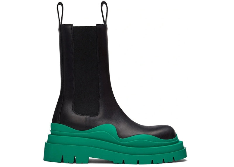 Bottega Veneta Leather Tire Chunky-Sole Chelsea Boot Black Acid Turquoise