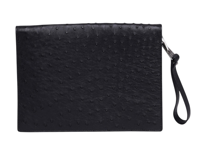Bottega Veneta Ostrich Leather Document Case Wristlet Black