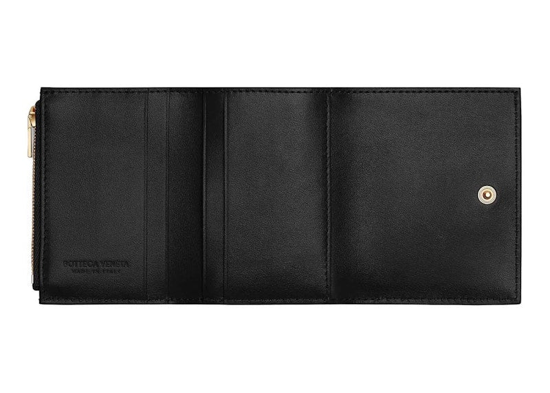 Bottega Veneta Small Intrecciato Tri-Fold Zip Wallet Black