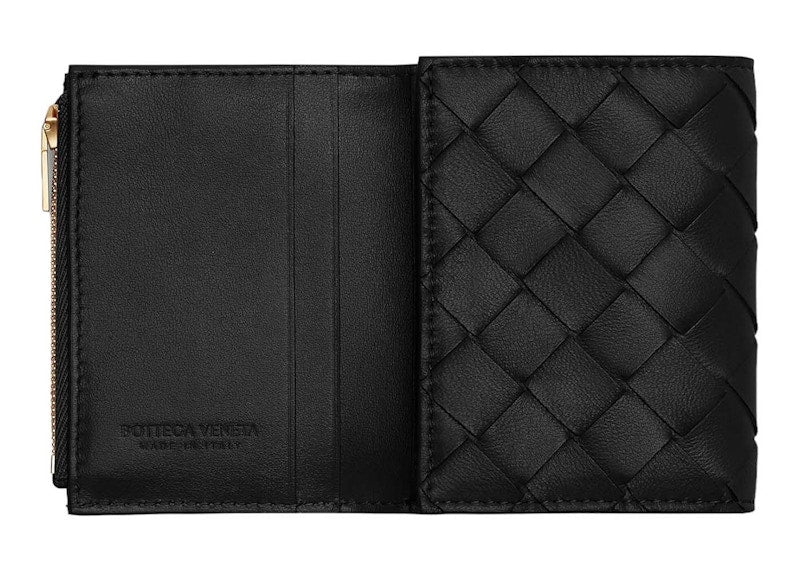 Bottega Veneta Small Intrecciato Tri-Fold Zip Wallet Black