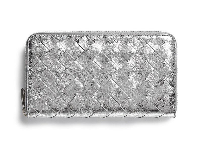 Bottega Veneta Zip Around Wallet Intrecciato Silver