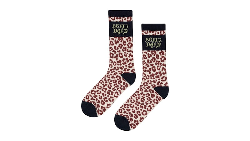Brain Dead Paneled Logo Crew Socks Maroon Leopard/Navy