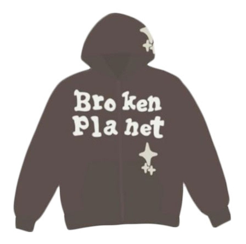 Broken Planet Star Zip Up Hoodie Brown