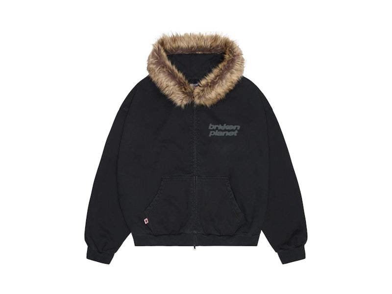 Broken Planet Star Logo Fur Zip-Up Hoodie Midnight Black
