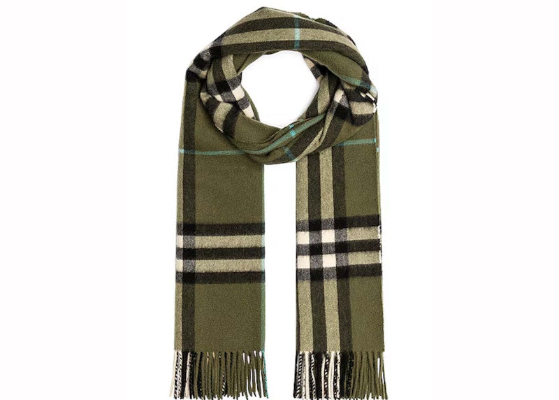 Burberry Check Cashmere Scarf Olive Green