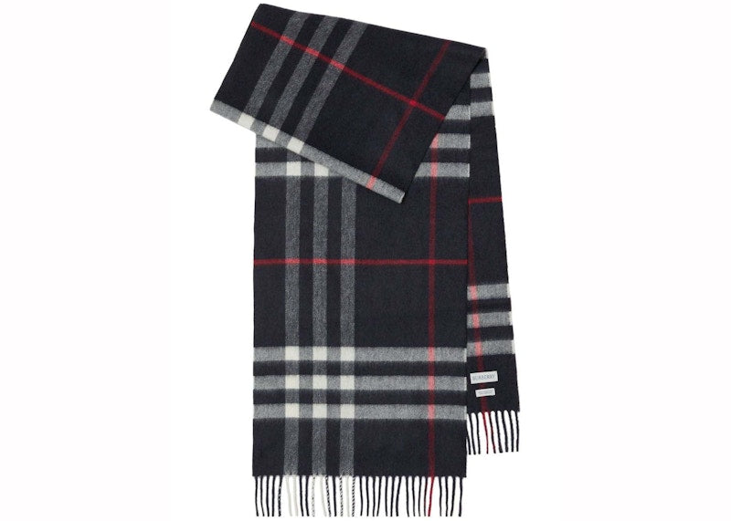 Burberry Check Fringed Cashmere Scarf Navy