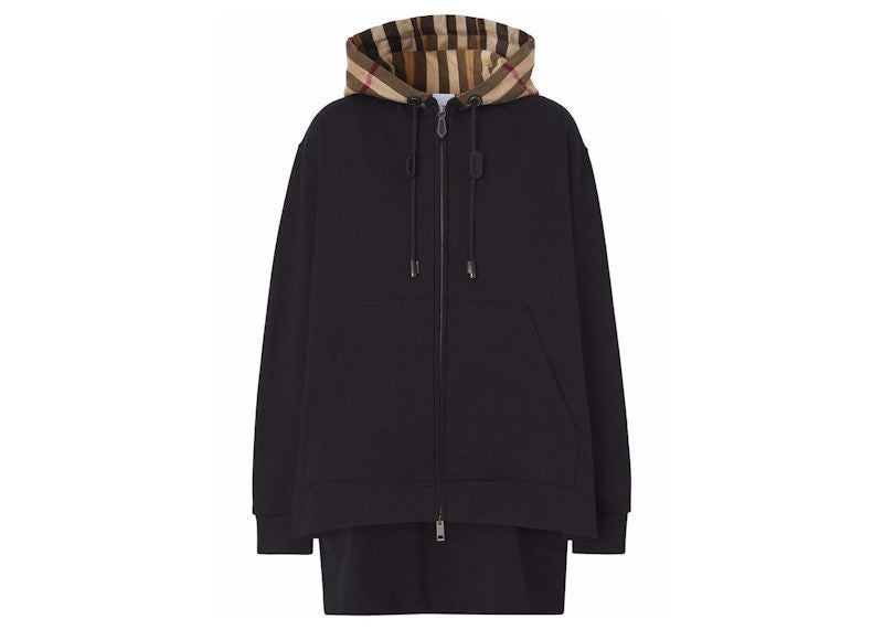 Burberry Check Hood Zip Up Hoodie Black Beige