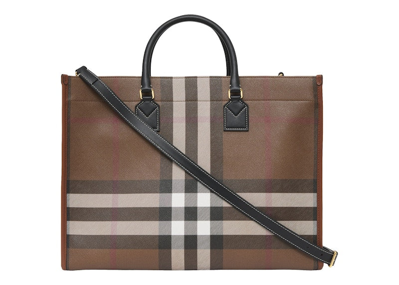 Burberry Check and Leather Freya Tote Bag Medium Dark Birch Brown