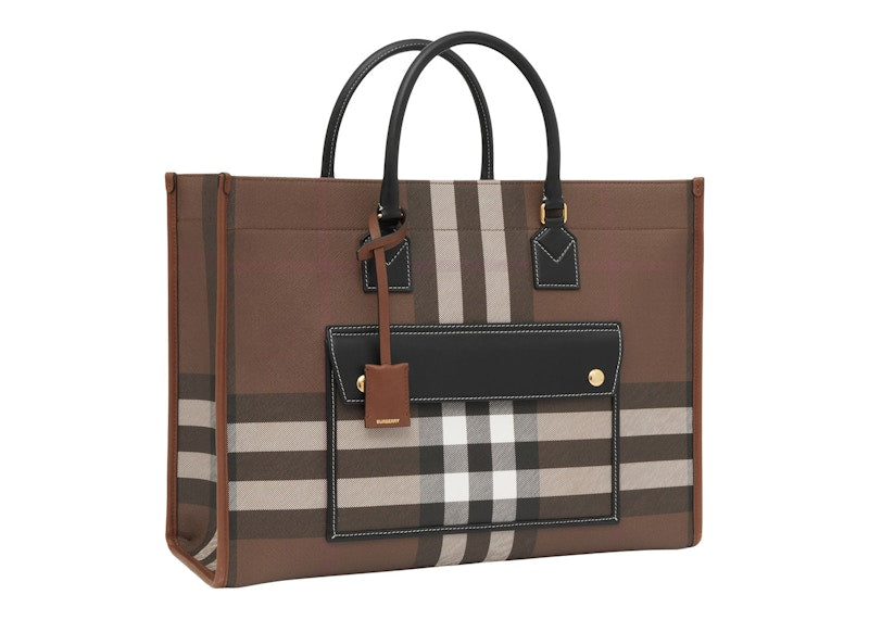 Burberry Check and Leather Freya Tote Bag Medium Dark Birch Brown