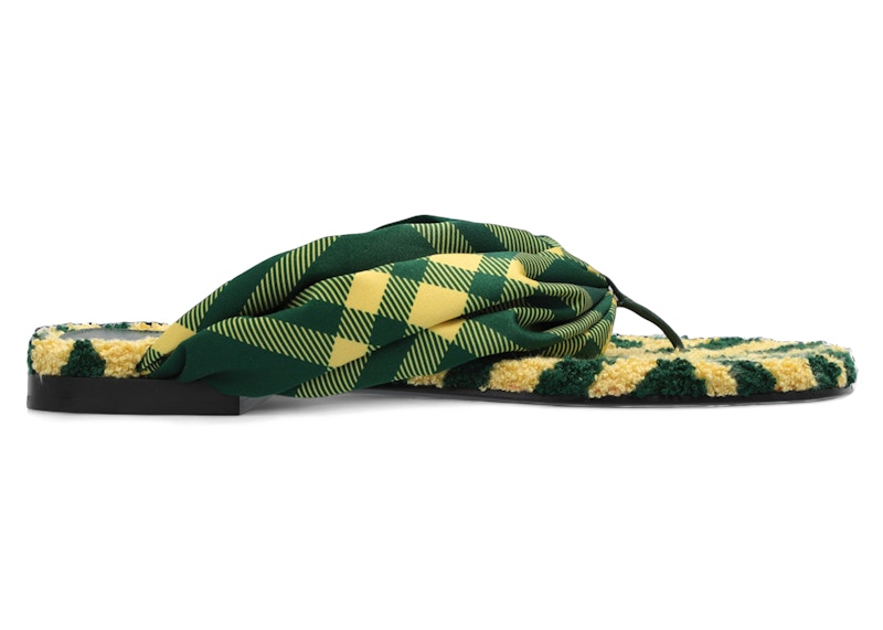 Burberry Checked Thong-Strap Pool Flat Slides Fern Green Citron Pale Yellow (Women's)