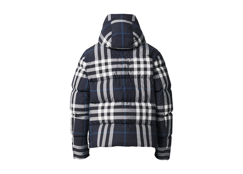 Burberry Detachable Hood Night Check Puffer Jacket White/Dark Charcoal Blue