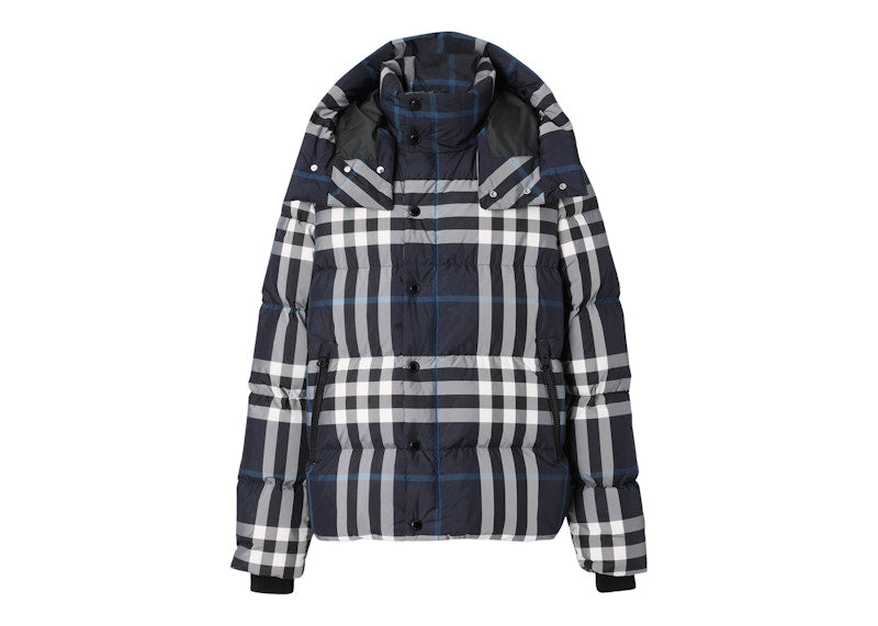 Burberry Detachable Hood Night Check Puffer Jacket White/Dark Charcoal Blue