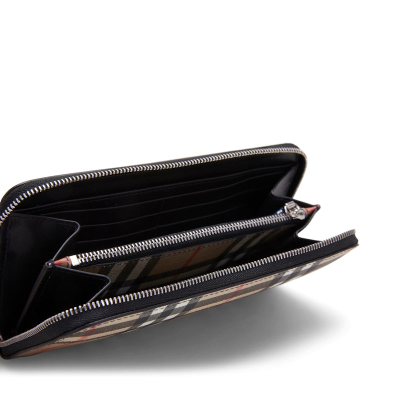 Burberry Vintage Check and Leather Ziparound Wallet 12 Slot Black