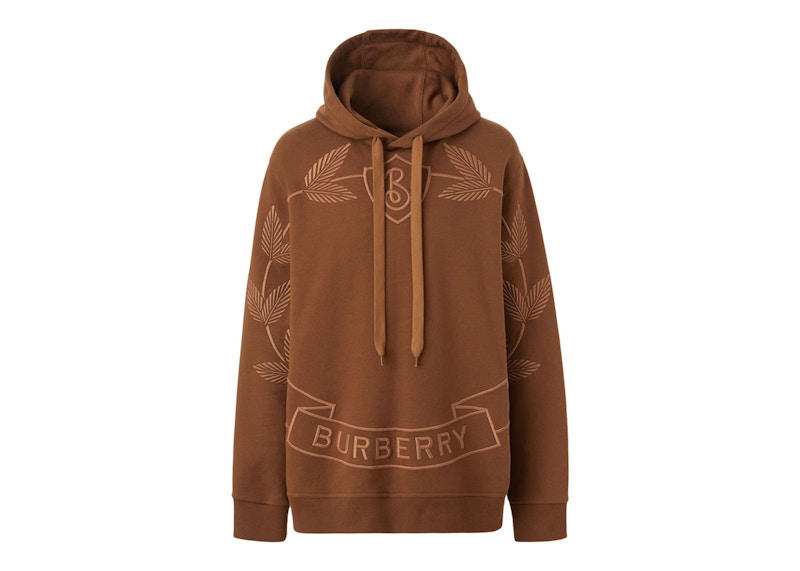 Burberry Embroidered Oak Leaf Crest Cotton Hoodie Dark Birch Brown