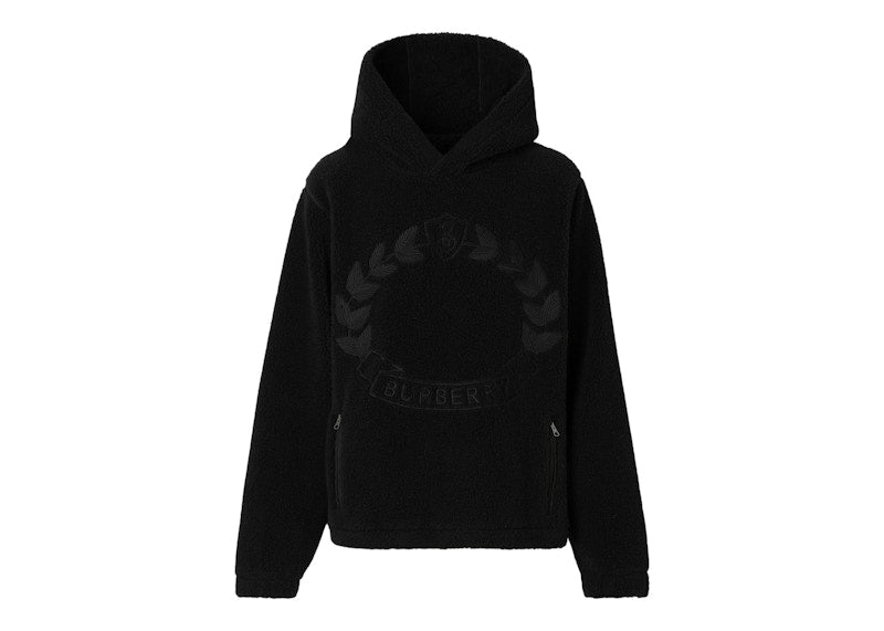 Burberry Embroidered Oak Leaf Crest Fleece Hoodie Black
