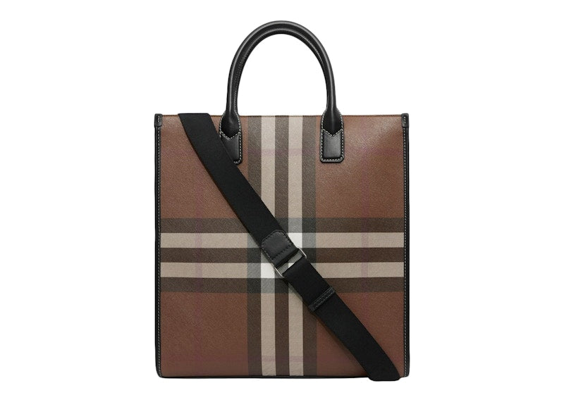 Burberry Exaggerated Check Slim Vertical Denny Tote Dark Birch Brown/Black