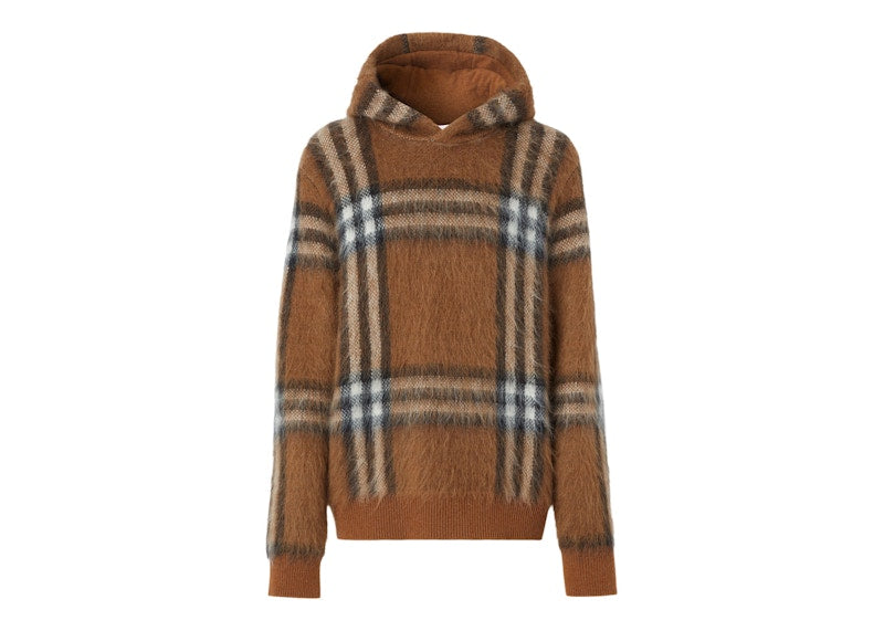 Burberry Exaggerated Check Wool Mohair Blend Hoodie Dark Birch Brown