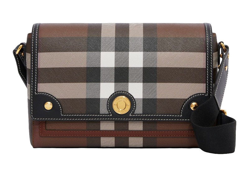 Burberry Exaggerated Check and Leather Note Crossbody Bag Dark Birch Brown