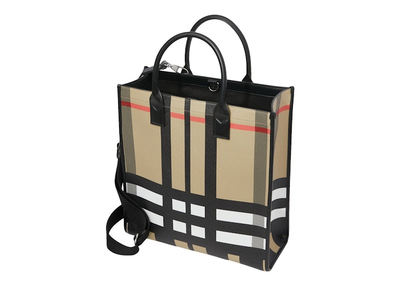 Burberry Exaggerated Check and Leather Tote Bag Archive Beige/Black