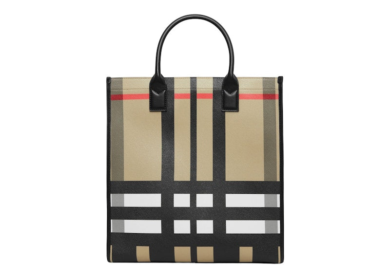 Burberry Exaggerated Check and Leather Tote Bag Archive Beige/Black
