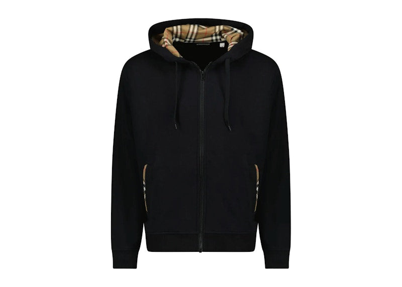 Burberry Keira Cotton Zip Up Check Hoodie Black
