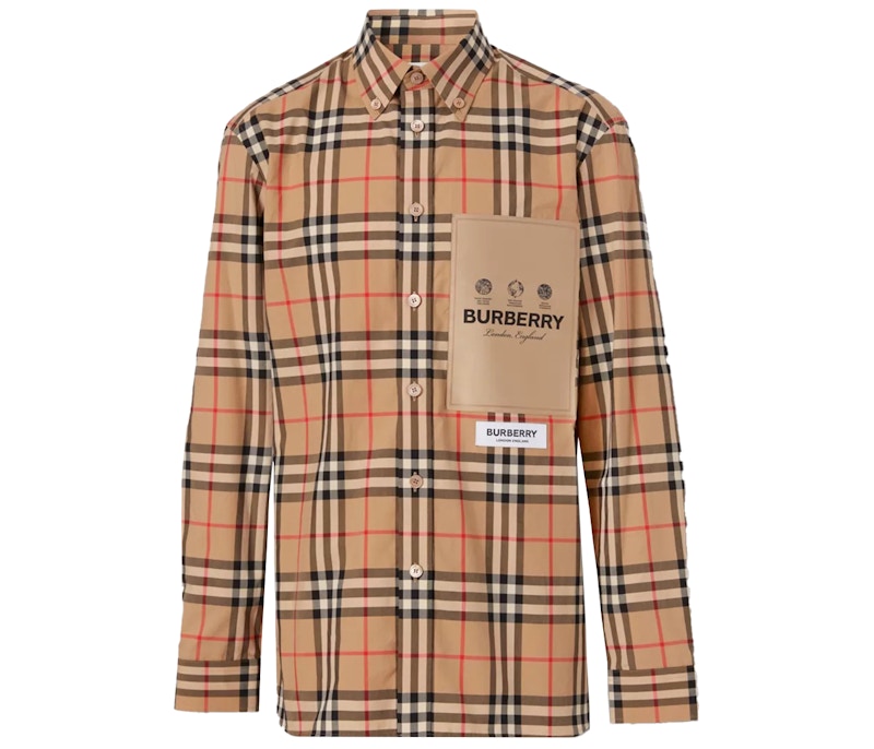 Burberry Label Applique Check Cotton Poplin Shirt Archive Beige