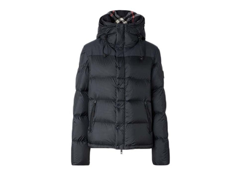 Burberry Lockwell Detachable Sleeve Check Hooded Puffer Down Jacket Navy