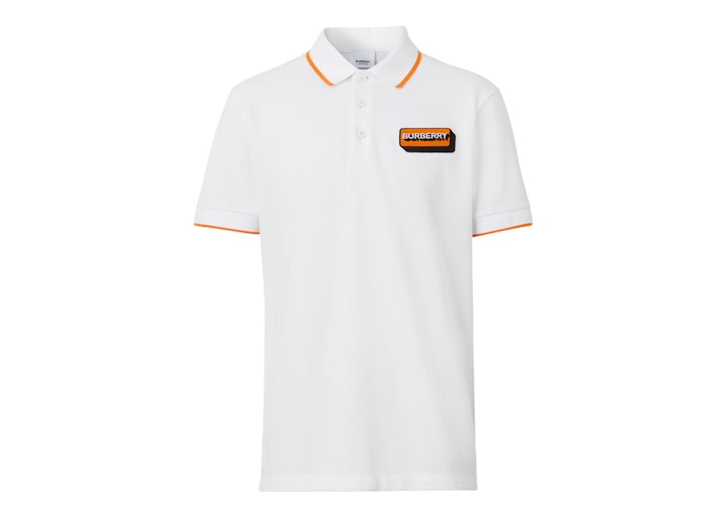 Burberry Logo Applique Cotton Pique Polo Shirt White/Orange