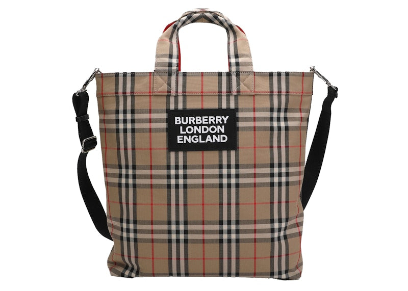 Burberry Logo Applique Vintage Check Cotton Blend Tote Brown