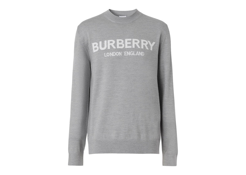 Burberry Logo Intarsia Wool Blend Sweater Grey Melange/White