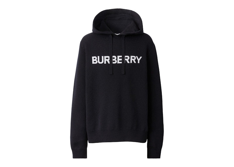 Burberry Logo Intarsia Wool Cotton Oversized Hoodie Coal Blue