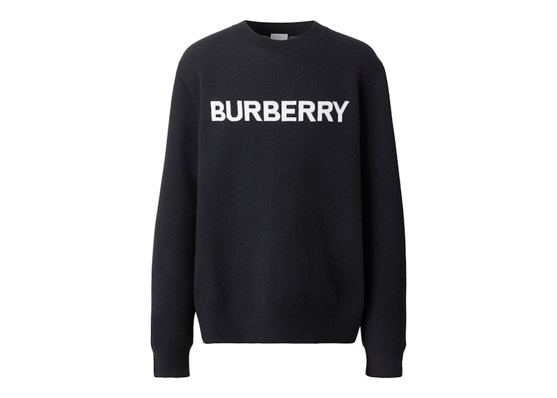 Burberry Logo Intarsia Wool Cotton Sweater Coal Blue