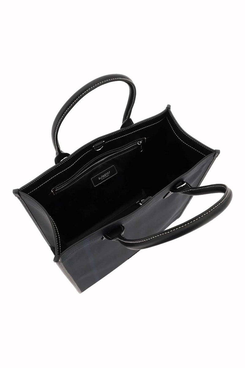 Burberry Logo Plaque Checked Tote Navy