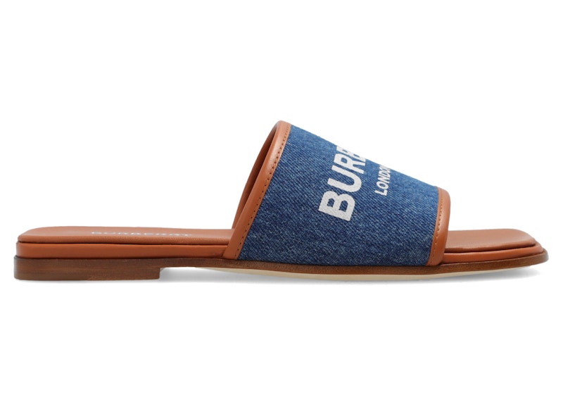 Burberry Logo Print Slipper Sandals Denim Blue Tan (Women's)
