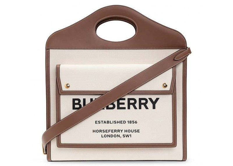 Burberry Medium Two-Tone Canvas and Leather Pocket Bag Natural/Malt Brown